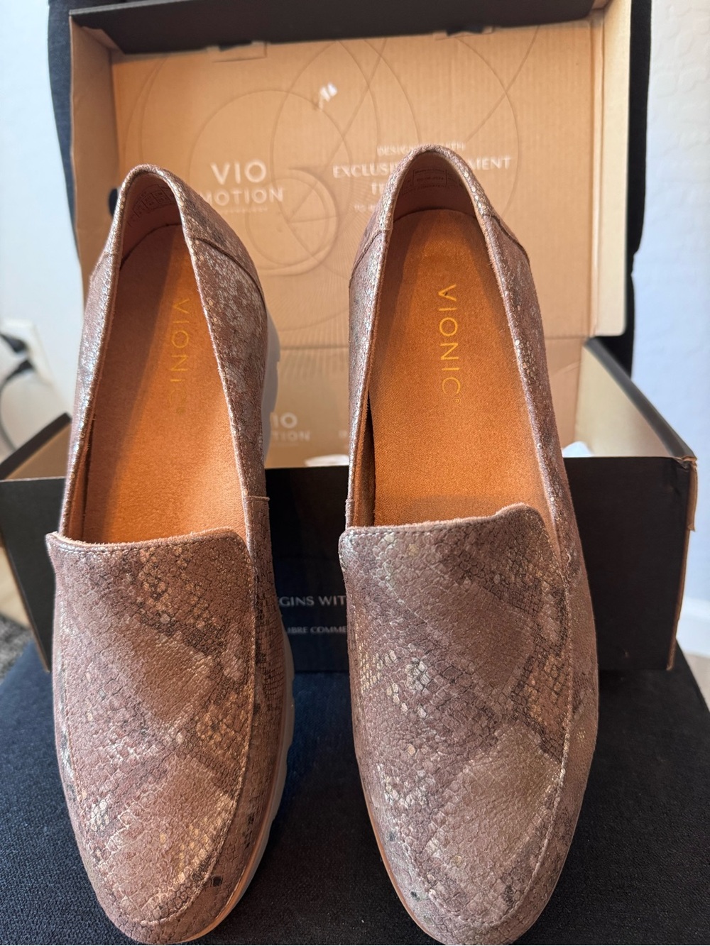 Vionic Brown Taupe Snake-Print Slip-On Loafers